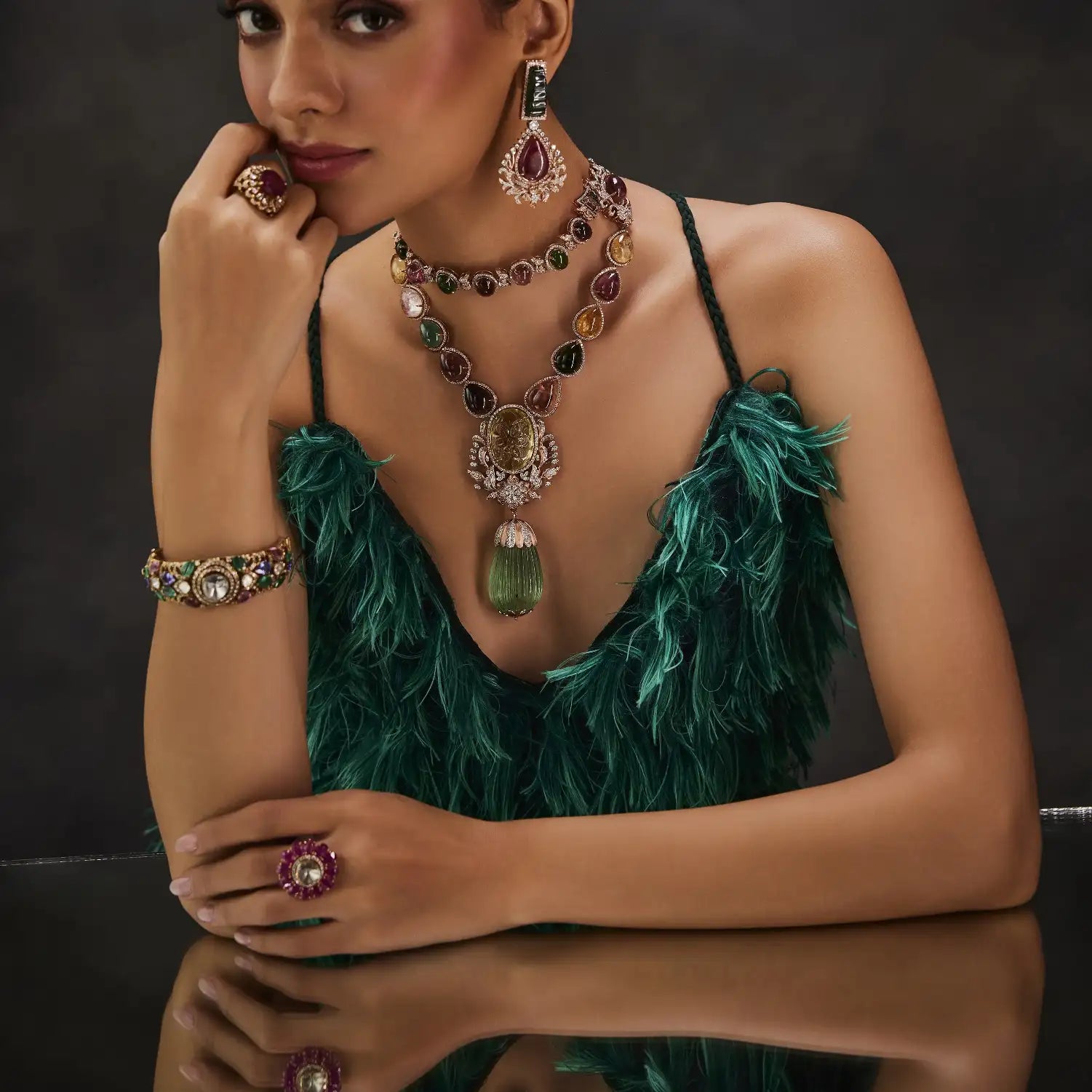 Pink dress emerald jewelry